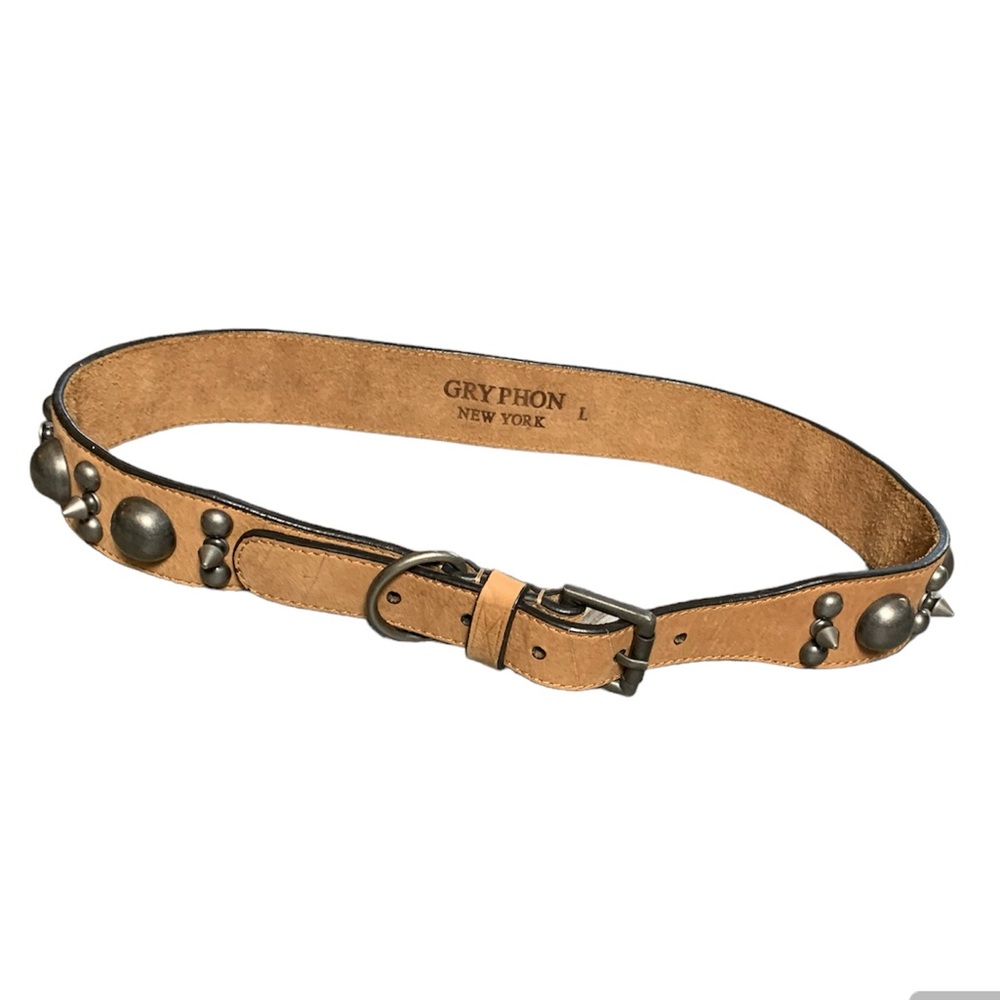 Gryphon New York Leather Studded Belt Brown Tan Spike Dome Studs Large L